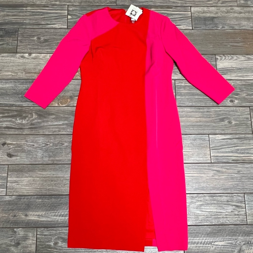NWT Anne Klein Colorblock Red Pink Sheath Dress Size 6 Midi 3/4 Sleeve - Picture 3 of 12